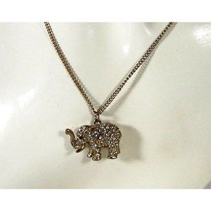 Rhinestone Elephant Trunk Up Lucky Pendant Necklace Open Back Silver Tone Chain